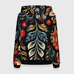 Женская толстовка Русские узоры на черном фоне