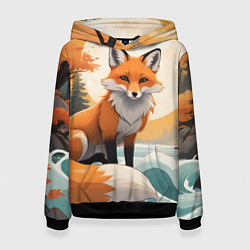 Толстовка-худи женская Лиса в лесу осень, цвет: 3D-черный