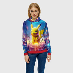 Толстовка-худи женская Funny Pikachu - vaporwave, цвет: 3D-красный — фото 2