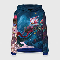 Толстовка-худи женская Санта с динозаврами, цвет: 3D-синий