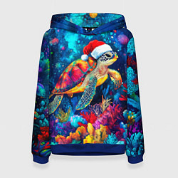 Толстовка-худи женская Морская черепаха в шапке Санты, цвет: 3D-синий
