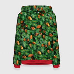 Толстовка-худи женская Ёлка зелёная с шишками, цвет: 3D-красный