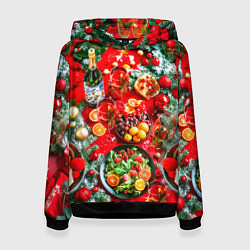 Толстовка-худи женская Новогодний праздничный стол, цвет: 3D-черный
