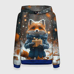 Толстовка-худи женская Лиса с подарком в лесу, цвет: 3D-синий