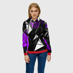 Толстовка-худи женская Фиолетово-белые рельефные треугольники на чёрном ф, цвет: 3D-красный — фото 2