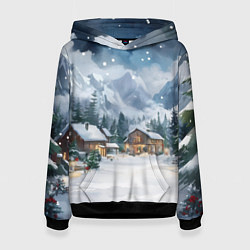 Толстовка-худи женская Новый год - домики в горах, цвет: 3D-черный