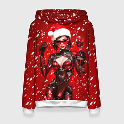 Толстовка-худи женская Девушка киберпанк в шапке Деда Мороза, цвет: 3D-белый