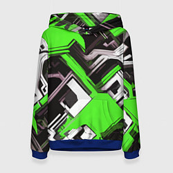 Женская толстовка Бело-зелёный техно паттерн на чёрном фоне