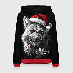 Толстовка-худи женская Свирепая гиена в шапке Санты, цвет: 3D-красный