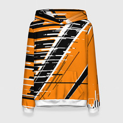 Толстовка-худи женская Чёрно-белые глитч полосы на оранжевом фоне, цвет: 3D-белый