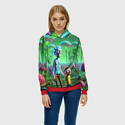 Толстовка-худи женская Рик и Морти в фантастическом неоновом грибном лесу, цвет: 3D-красный — фото 2