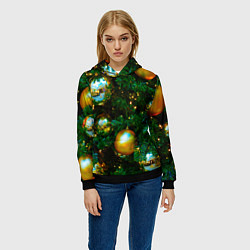 Толстовка-худи женская Новогодние украшения на ветках, цвет: 3D-черный — фото 2