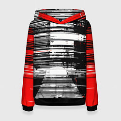 Толстовка-худи женская Горизонтальные чёрные линии на бело-красном фоне, цвет: 3D-черный