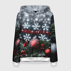 Толстовка-худи женская Новогодние снежинки, цвет: 3D-белый