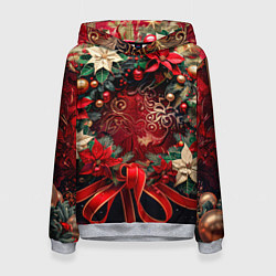 Толстовка-худи женская Новогодний венок с пуансеттией - нейросеть, цвет: 3D-меланж