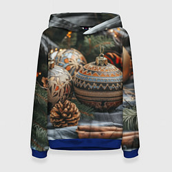 Толстовка-худи женская Новогодние шары и шишки, цвет: 3D-синий