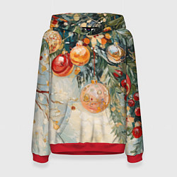 Толстовка-худи женская Большие и маленькие новогодние шары, цвет: 3D-красный