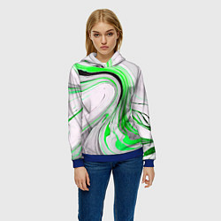 Толстовка-худи женская Волнистые чёрно-зелёные линии на белом фоне, цвет: 3D-синий — фото 2