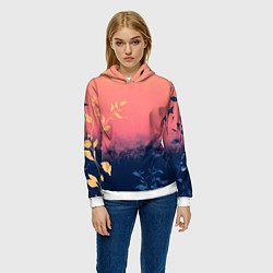 Толстовка-худи женская Листья на сине-розовом фоне - нейросеть, цвет: 3D-белый — фото 2