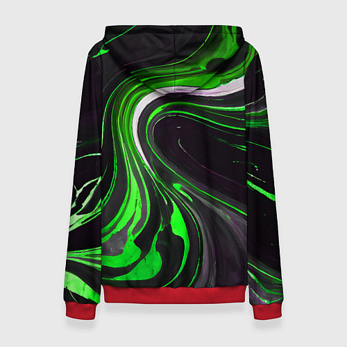 Женская толстовка Волнистые бело-зелёные линии на чёрном фоне / 3D-Красный – фото 2