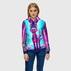 Толстовка-худи женская Ослик в неоновых искрах, цвет: 3D-синий — фото 2