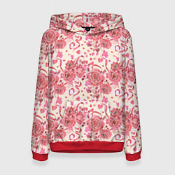 Толстовка-худи женская Букеты роз с сердечками, цвет: 3D-красный