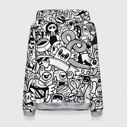 Толстовка-худи женская Black and white doddle monsters, цвет: 3D-меланж
