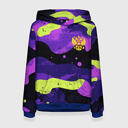 Толстовка-худи женская Черно-фиолетовый камуфляж и золотой герб РФ, цвет: 3D-синий