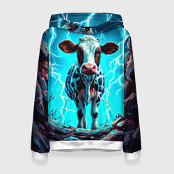 Толстовка-худи женская Корова в разрядах молнии, цвет: 3D-белый