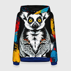 Толстовка-худи женская Лемур на черном, цвет: 3D-синий