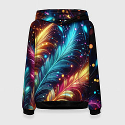 Толстовка-худи женская Неоновые разноцветные перья, цвет: 3D-черный