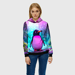 Толстовка-худи женская Пингвин в неоновых искрах, цвет: 3D-черный — фото 2