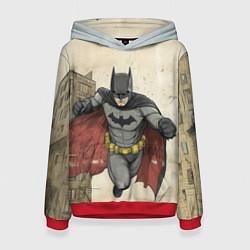 Толстовка-худи женская Бэтмен летит между домами, цвет: 3D-красный