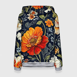Толстовка-худи женская Маки и пионы старинный паттерн, цвет: 3D-меланж