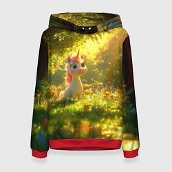 Толстовка-худи женская Единорог в летнем лесу, цвет: 3D-красный