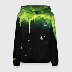 Толстовка-худи женская Зеленая стекающая краска по черному фону, цвет: 3D-черный