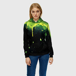 Толстовка-худи женская Зеленая стекающая краска по черному фону, цвет: 3D-черный — фото 2