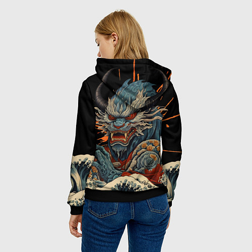 Женская толстовка Японский дракон и волны в стиле тату ирезуми / 3D-Черный – фото 4