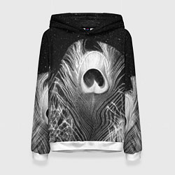 Толстовка-худи женская Изогнутые белые перья павлина - чб иллюстрация, цвет: 3D-белый