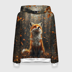 Толстовка-худи женская Довольный лис в лесной чаще, цвет: 3D-белый
