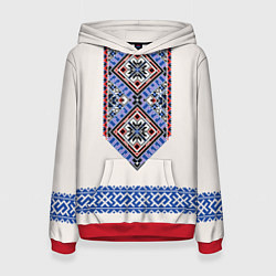 Толстовка-худи женская Славянская вышиванка - узор обережник, цвет: 3D-красный