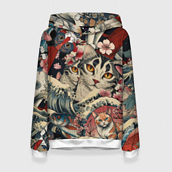 Толстовка-худи женская Котики и рыбки в сакуре, цвет: 3D-белый