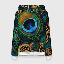 Толстовка-худи женская Узоры и перья павлина, цвет: 3D-белый