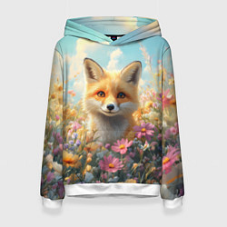 Толстовка-худи женская Лиса в цветочном поле, цвет: 3D-белый