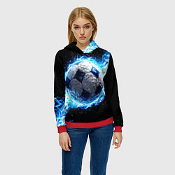 Толстовка-худи женская Футбольный мяч в синем пламени, цвет: 3D-красный — фото 2