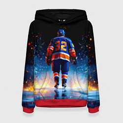 Толстовка-худи женская Хоккеист в синем пламени, цвет: 3D-красный