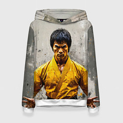 Толстовка-худи женская Брюс Ли на сером, цвет: 3D-белый