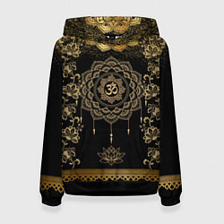Толстовка-худи женская Лотос мандала и символ Ом с золотыми узорами, цвет: 3D-черный