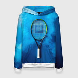 Толстовка-худи женская Теннисная ракетка в синем дыму, цвет: 3D-белый