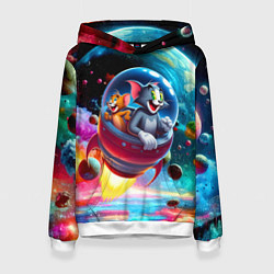 Толстовка-худи женская Том и Джерри летят в ракете - нейроарт, цвет: 3D-белый
